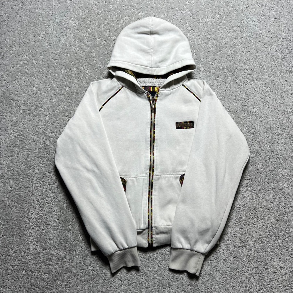 COOGI Hoodie Kids Medium White Zip Up Sherpa Lined Embroidered Crest Y2k Stains
